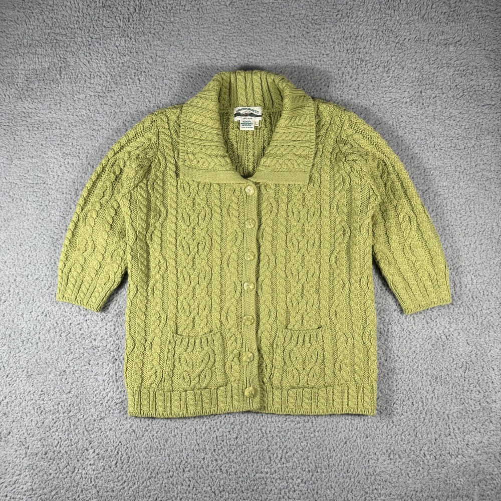 Vintage Aran Crafts Cable Knit Sweater Size Large Green Cardigan Merino Wool